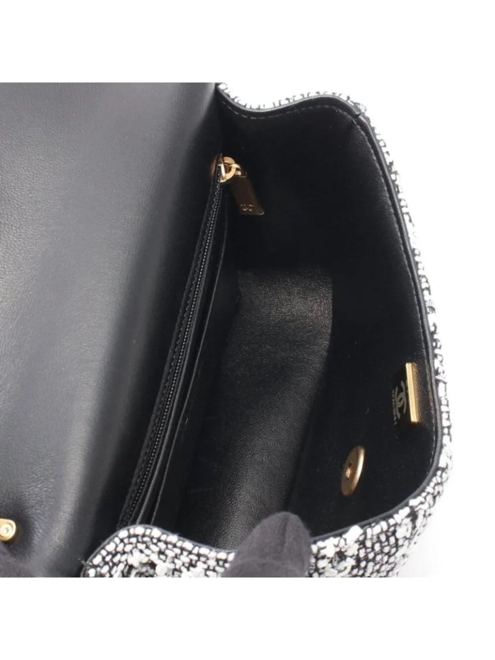 Chanel Shoulder Bag Quilted Faux Pearl White Black Fabric Leather Small Flap
